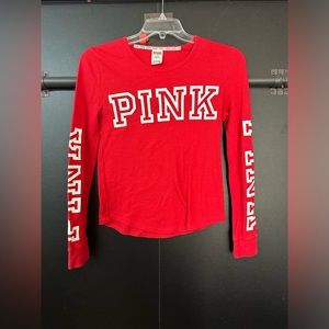PINK Long Sleeve Ribbed Logo Red Shirt, M